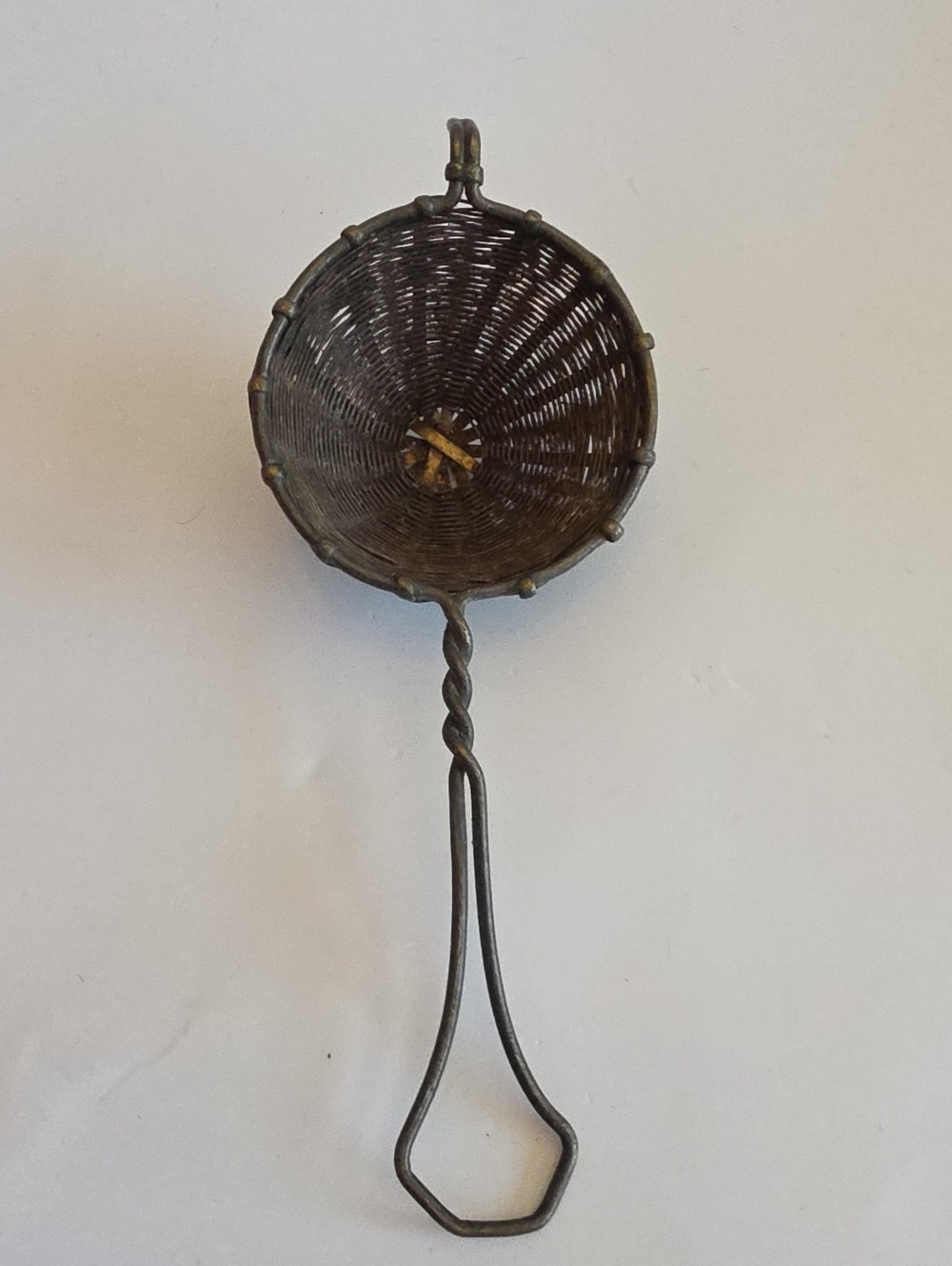Antique Brass Twisted Wire & Basket Weave Tea Strainer With Resting Hook